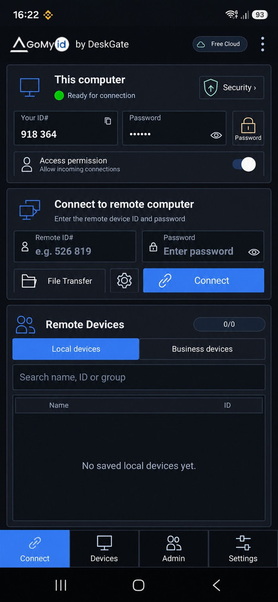 DeskGate Uzak Masaüstü Android bağlantı ekranı